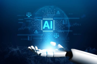 Yapay zeka kontrol sistemini yasal denge, siber güvenlik uyarıları, uyum simgeleri ve dijital devre kartı tasarımı ile gösteren yapay zeka kontrol sistemi