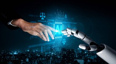 Yapay zeka kontrol sistemini yasal denge, siber güvenlik uyarıları, uyum simgeleri ve dijital devre kartı tasarımı ile gösteren yapay zeka kontrol sistemi