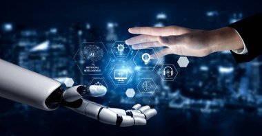 Derin öğrenme, denetimli modeller ve NLP ile çalışan yapay zeka öğrenme sistemi. Diyagram, yapay zekanın otomasyon, veri işleme ve kendini geliştirme yoluyla nasıl öğrendiğini gösteriyor. ayrım