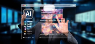 İleri teknoloji bir çalışma alanında sanal gerçeklik unsurları ve veri görselleştirmesi sunan, yeniliği ve teknolojideki kullanıcı etkileşimini sembolize eden fütüristik bir yapay zeka arayüzü. XDMCP