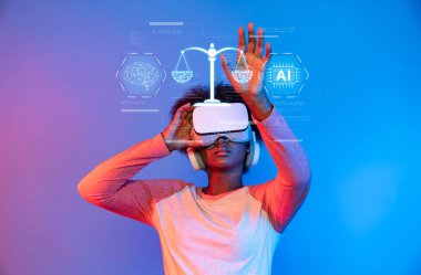 Sanal gerçekliğe dalmış bir kişi, modern yönetimdeki adalet ve teknoloji dengesini vurgulayarak yapay zeka ve dijital hukukun etik etkilerini inceliyor. XDMCP