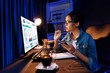 Sunucu kanalı Asyalı etkileyicisi, sosyal medyada kulaklık takarak iş grafikleri ekranında dinleyicileri selamlıyor ve Neon Modern Stüdyoları 'nda internet üzerinden koçluk yapıyor. Taktik.