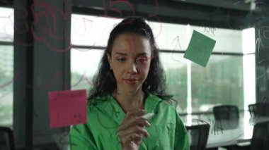 Genç İspanyol çalışanlar renkli yapışkan notlar yazıyorlar. Akıllı iş kadını pazarlama fikrini, beyin fırtınası stratejisini, iş planını paylaşıyor. Proje yöneticisi zihin haritası çiziyor. - Yakın çekim. Yönlendirici.