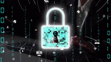 Veri akışıyla çevrili dijital bir güvenlik kilidini, siber güvenlik endişelerini ve modern dünyadaki bilgi güvenliğinin önemini temsil eden kavramsal bir görüntü. Xenic