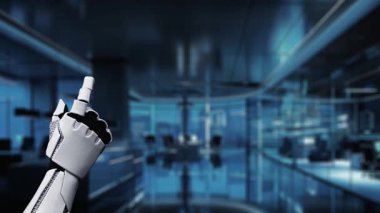 Parlayan bir dünya ve dijital simgelerle etkileşen robot bir el, modern bağlantıyı ve yüksek teknolojili bir çevrede teknolojik gelişmeyi temsil ediyor. Auvana