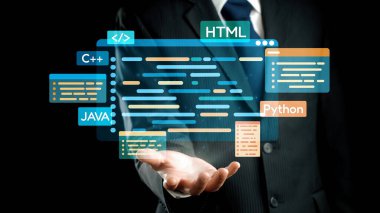 Bir iş adamı modern programlama dillerini ve kodlama kavramlarını teknoloji ve uzmanlığın kesişimlerini gösteren dinamik bir dijital arayüzde sergiliyor. Dörtgen