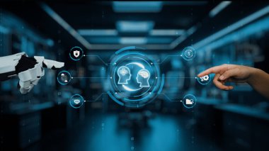 İnsan eliyle robot kol arasındaki etkileşimin görsel bir temsili, insan zekası ve teknolojisinin sinerjisini vurgulamak için dijital beyin ikonları sergileniyor. Auvana