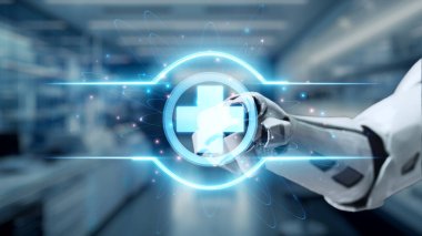 Robotik el işaretini kapat ve bulanık laboratuvar geçmişine sahip çapraz holograma dokun. Tıbbi verilere erişmek ve onları teşhis etmek için robot el tıklaması. Sağlıklı..