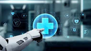 Robotik el işaretini kapat ve bulanık laboratuvar geçmişine sahip çapraz holograma dokun. Tıbbi verilere erişmek ve onları teşhis etmek için robot el tıklaması. Sağlıklı..