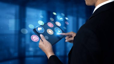 Modern bir ekosistem Vouch 'ta finans, bulut, analitik, e-posta, iletişim, ekommerce, siber güvenlik ve küresel bağlantıyı temsil eden iş ve dijital servis simgeleri kümesi