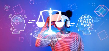 Bu resim yapay zeka ve hukukun kaynaşmasını tasvir ediyor, dijital dönüşüm sırasında etik uyum ve yönetimdeki sanal gerçeklik rolünü gösteriyor. XDMCP