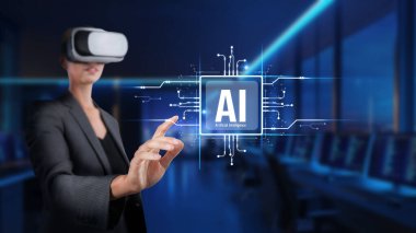 Bir iş kadını modern bir çalışma alanında yenilikçi çözümler ve dijital dönüşüm için yapay zeka arayüzlerini görselleştirerek gelişmiş sanal gerçeklik teknolojisiyle uğraşır. XDMCP