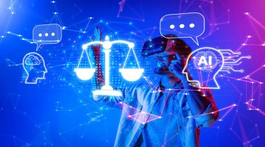 Teknolojinin hukukla buluştuğu fütüristik bir sahne yakalayan bu görüntü, yapay zekanın yasal çerçeveler ve düzenleyici uyum içindeki etik etkilerini yansıtıyor. XDMCP