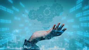 Grafikler ve grafikler de dahil olmak üzere dijital elementler denizinin ortasına uzanan bir elin büyüleyici görüntüsü modern dünyadaki teknoloji ve yeniliği sembolize ediyor. Xenic