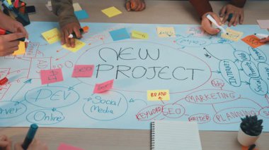 Değişik ellerin yaratıcı planlamayla meşgul olduğu dinamik bir beyin fırtınası oturumu. Renkli notlar, takım çalışmasının ve yeniliğin altını çizerek merkezi bir fikir etrafında dönüyor. SACTR