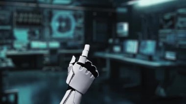 Tıbbi verilere ya da teşhis semptomlarına ulaşmak için robotik el işaretlerini kapatın ve tıbbi çapraz holograma tıklayın. Yapay zeka semptomları analiz ederken robot el çapraz kontrol yapıyor. Sağlıklı..