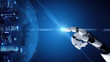 Gelecekçi robot yapay zeka yapay zeka yapay zekayı aydınlatıyor ve makine öğrenme kavramını geliştiriyor. İnsan hayatının geleceği için küresel robot biyonik bilim araştırması. 3B görüntüleme grafiği.