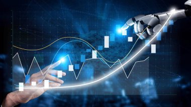 Büyüyen bir grafikle, finans alanındaki yenilikçi teknolojiyi sembolize eden, insan eliyle robot el arasındaki işbirliğini gösteren görsel olarak çarpıcı bir görüntü. Copula