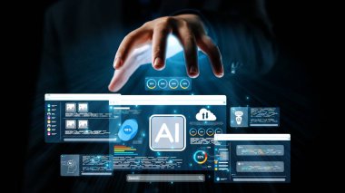 Bir el dinamik yapay zeka arayüzüne uzanıyor. Fütürist dijital manzara aracılığıyla veri analizi ve kullanıcı etkileşiminin bir karışımını gösteriyor. Dörtgen