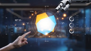 Teknolojik yenilikler için interaktif grafik elementlerle etkileşim halinde olan bir robot elle veri analizini gösteren dinamik bir geleceksel dijital arayüz. Auvana