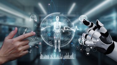 Robot ve insan eliyle insan anatomisi ikonunu işaret ediyor. Robot el ve insanın birlikte çalışırken röntgen hologramıyla bulanık labaratuvarı işaret etmesine yakın çekim. Sağlıklı..
