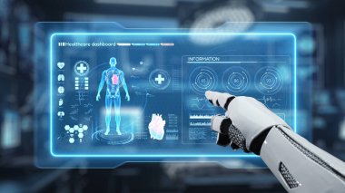 İnsan anatomisini gösteren ve bulanık laboratuvar geçmişine sahip robot el işaretlerini kapat. Robot el, tıbbi verileri teşhis semptomlarına bağlamak için x ray gösterge paneline tıklıyor. Sağlıklı..