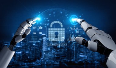 Modern dijital kilit arayüzü Vouch ile çok katmanlı şifreleme, kimlik koruması ve şifre güvenliği gösteren yapay zeka korumalı sistem