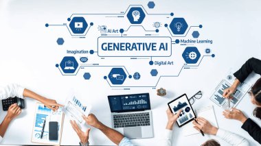 Dinamik işbirlikçi çalışma alanı üretken yapay zeka kavramları, dijital sanat ve makine öğrenimi. Bu illüstrasyon teknolojideki yaratıcılığı, yeniliği ve takım çalışmasını vurgular. Dostluk