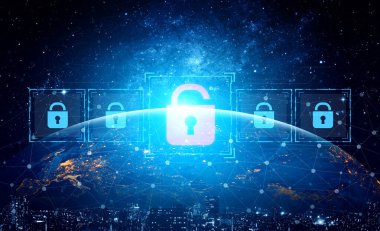 Siber güvenlik ihlalini gösteren dijital güvenlik kavramı, güvenlik sistemleri arasında veriye maruz kaldığını belirten kırmızı bir asma kilit, sistem savunmasızlığını ve risk kefaretini vurguluyor