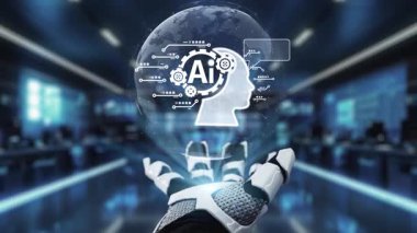 Dijital elementler ve veri görselleştirmeleri ile çevrili, akıllı otomasyon ve iletişimdeki yeniliğin bir örneği olan el yapımı yapay zeka teknolojisinin geleceksel tasviri. Auvana