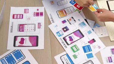 Mobil uygulama ya da web sitesi için kullanıcı arayüzü prototipi planlayan şirket çalışanlarının en iyi görünüm videosu. UX UI tasarımcı beyin fırtınası kullanıcı dostu arayüz planı. Sinerjik