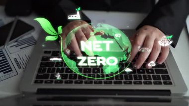 Çevresel denge, dijital sürdürülebilirlik ikonları, yeşil enerji hedefleri ve gelecek için eko-bilinçli dijital iş dönüşümü ile ağ sıfır ve sürdürülebilirlik kavramları. Muxer