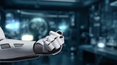 Bir robot el, gelişmiş robot bilimi ve dijital yeniliklerin entegrasyonunu gösteren, teknoloji sembolleriyle çevrili, parıldayan bir holografik insan figürü sunar. Auvana