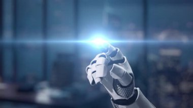 Robotik bir el canlı bir holografik arayüzle bağlantı kurar, kullanıcı bilgisi ve analizleri parlak ve çağdaş ofis ortamında gösterir, yenilikleri vurgular. Auvana