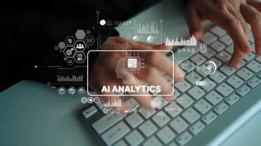 Eller Klavyede Yapay Zeka Analitik Grafikleri ve Teknoloji Entegrasyon Konseptini Kapsayan Veri Görselleştirmeleri ile Yazıyor. Asemptotik akıllı veri analitiği.