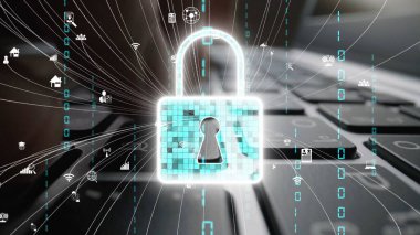 Bu görsel olarak çarpıcı görüntü bilgisayar klavyesinin üzerinde bir kilit sembolü bulunan dijital güvenliği temsil ediyor ve günümüz dünyasında siber güvenlik ve veri korumasının önemini sembolize ediyor. Xenic