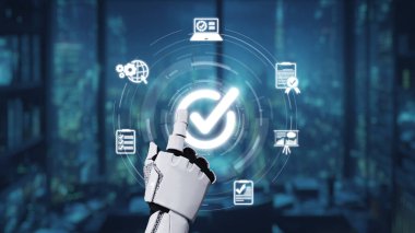 Robotik bir el, modern bir şehir manzarasında teknolojiyi, iletişimi ve otomasyonu sembolize eden dijital simgelerin arasında parlayan bir kontrol işaretine dokunur. Auvana