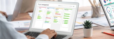 Ekip projesinin zaman çizelgesini gösteren bilgisayar ekranında canlı iş projesi yönetimi için proje planlama yazılımı