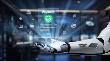 Gelişmiş bir robot el, gelişmiş finansal teknolojiyi sembolize eden güvenlik özellikleri ve çeşitli finansal ikonları vurgulayan bir dijital ödeme arayüzü sergiliyor. Auvana