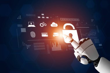 Güvenli dijital ortamlar için gelişmiş siber güvenlik, kimlik doğrulama ve veri koruma analizlerini gösteren yapay zeka güçlü kilit sistemi