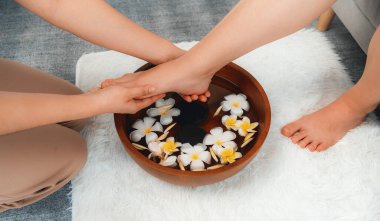 Kadınlar lüks spa salonlarında keyifli ayak masajlarına devam ederken, masör de hafif gün ışığı atmosferinde refleksoloji terapisi veya otel ayak spa 'sında. Sessiz.