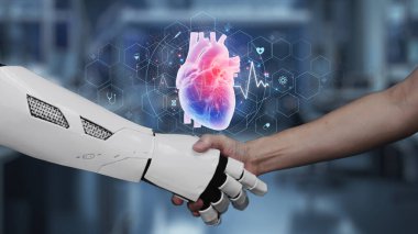 Robot ellerin ve insan ellerinin kalp hologramıyla el sıkışması. Yapay zeka ve insan birlikte çalışabilir ya da bulanık laboratuarlı kalp hologramıyla anlaşma yapabilir. Takım çalışması. Sağlıklı..