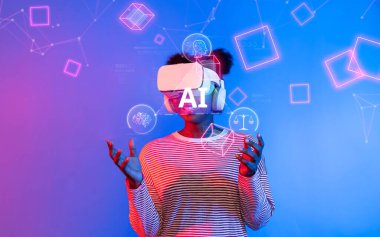 Sanal gerçeklik teçhizatındaki genç bir birey, sorumlu düzenleme ve uyum gereğini vurgulayarak, üretici yapay zeka, etik ve dijital hukuk etrafında gelişen diyaloğu sembolize eder. XDMCP