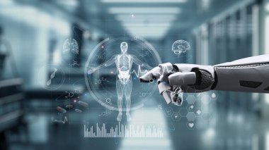 İnsan anatomisini gösteren ve bulanık laboratuvar geçmişine sahip robot el işaretlerini kapat. Robot el, tıbbi verileri teşhis semptomlarına bağlamak için x ray gösterge paneline tıklıyor. Sağlıklı..