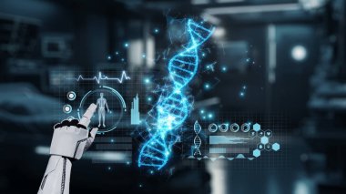 Tıbbi verilere ya da teşhis semptomlarına erişmek için robot ellerle DNA hologramına tıklayın. Yapay zeka semptomları analiz ederken genetik simülasyonda robot el kontrolü. Sağlıklı..