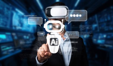 Sanal bir alanda yapay zeka sohbet robotuyla iletişim kuran, otomasyon ve makine öğrenmesini vurgulayan bir profesyonel. Fütürist teknolojiyi ve kullanıcı etkileşimi kavramlarını araştırın. XDMCP