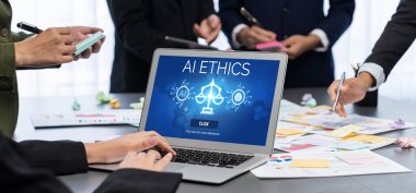 Yapay zeka etik standart hukuk ve bilgisayar ekranındaki kurallar yapay zeka etik şeffaflığının teknoloji suçunu önlediğine dair rapor sunuyor. canlı