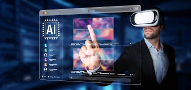 Bir insan, gelişmiş teknoloji entegrasyonunu gösteren, gösterişli ve modern bir ortamda yapay zeka uygulamalarını gösteren sanal gerçeklik arayüzü ile etkileşime girer. XDMCP