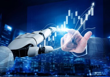 İnsan Eli ve Robot Kolu Büyüyen Piyasa Grafiğiyle Etkileşimde Gelecekçi Şehir Manzarası Etkisi.