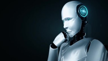 Futuristic robot artificial intelligence huminoid AI programming coding technology development and machine learning concept. Robotic bionic science research for future of human life. 3D rendering.